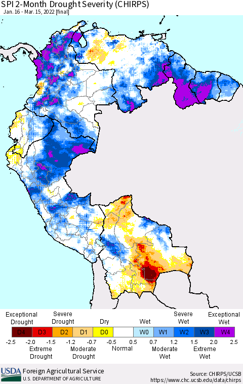 Northern South America SPI 2-Month Drought Severity (CHIRPS) Thematic Map For 1/16/2022 - 3/15/2022