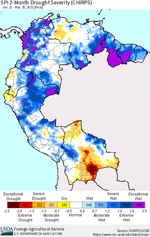 Northern South America SPI 2-Month Drought Severity (CHIRPS) Thematic Map For 1/21/2022 - 3/20/2022
