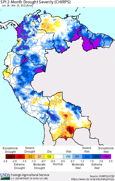 Northern South America SPI 2-Month Drought Severity (CHIRPS) Thematic Map For 1/26/2022 - 3/25/2022