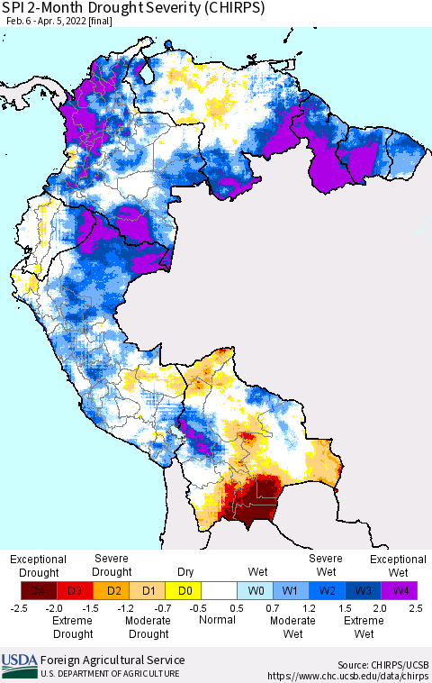 Northern South America SPI 2-Month Drought Severity (CHIRPS) Thematic Map For 2/6/2022 - 4/5/2022