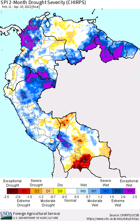Northern South America SPI 2-Month Drought Severity (CHIRPS) Thematic Map For 2/11/2022 - 4/10/2022