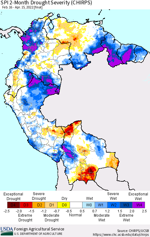 Northern South America SPI 2-Month Drought Severity (CHIRPS) Thematic Map For 2/16/2022 - 4/15/2022