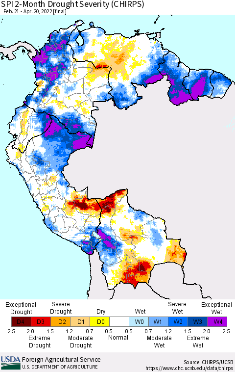 Northern South America SPI 2-Month Drought Severity (CHIRPS) Thematic Map For 2/21/2022 - 4/20/2022