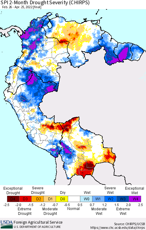 Northern South America SPI 2-Month Drought Severity (CHIRPS) Thematic Map For 2/26/2022 - 4/25/2022