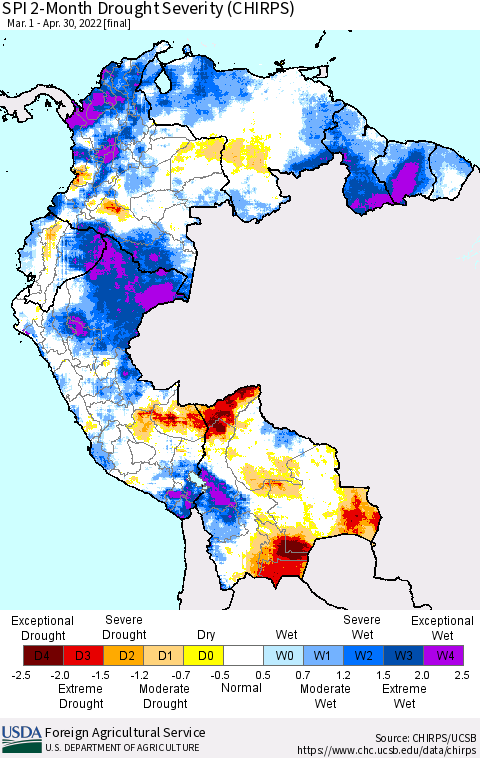 Northern South America SPI 2-Month Drought Severity (CHIRPS) Thematic Map For 3/1/2022 - 4/30/2022