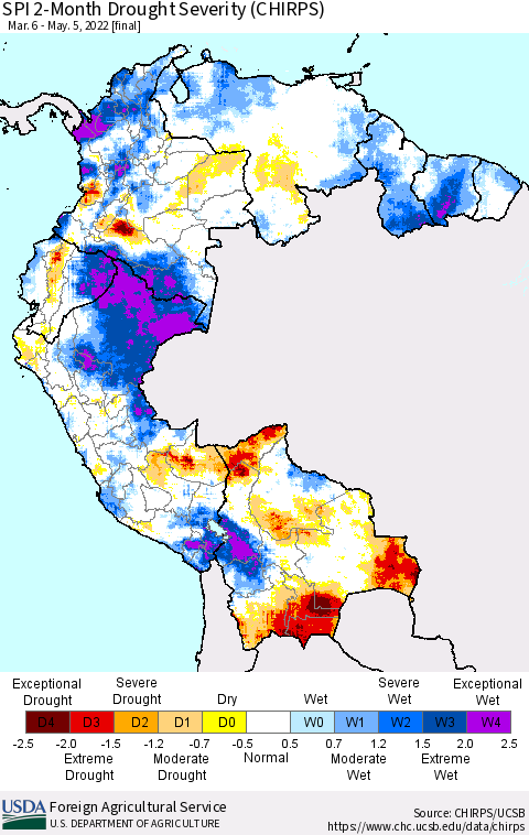 Northern South America SPI 2-Month Drought Severity (CHIRPS) Thematic Map For 3/6/2022 - 5/5/2022