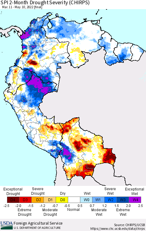 Northern South America SPI 2-Month Drought Severity (CHIRPS) Thematic Map For 3/11/2022 - 5/10/2022