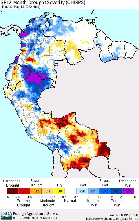 Northern South America SPI 2-Month Drought Severity (CHIRPS) Thematic Map For 3/16/2022 - 5/15/2022