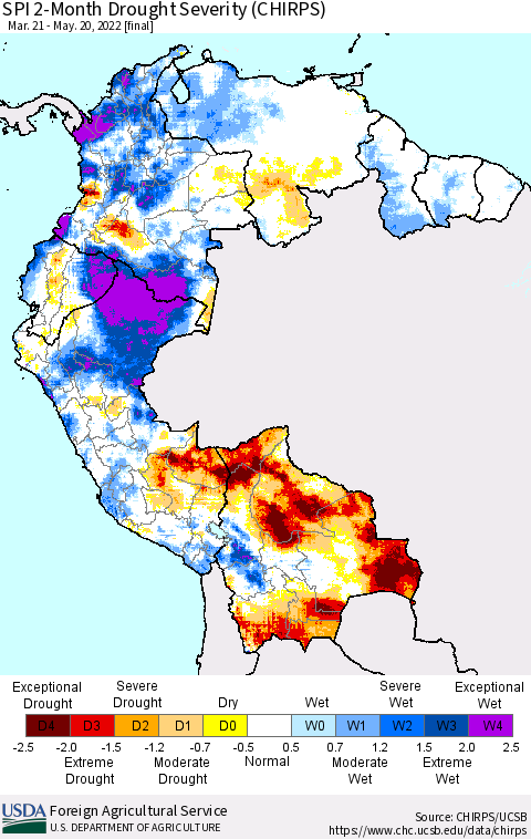 Northern South America SPI 2-Month Drought Severity (CHIRPS) Thematic Map For 3/21/2022 - 5/20/2022
