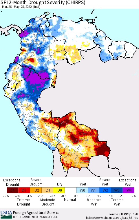Northern South America SPI 2-Month Drought Severity (CHIRPS) Thematic Map For 3/26/2022 - 5/25/2022