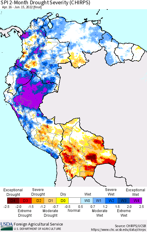 Northern South America SPI 2-Month Drought Severity (CHIRPS) Thematic Map For 4/16/2022 - 6/15/2022
