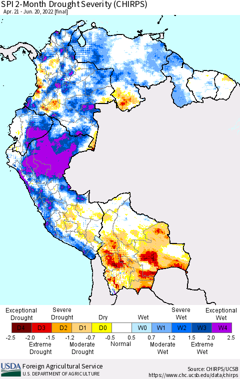 Northern South America SPI 2-Month Drought Severity (CHIRPS) Thematic Map For 4/21/2022 - 6/20/2022