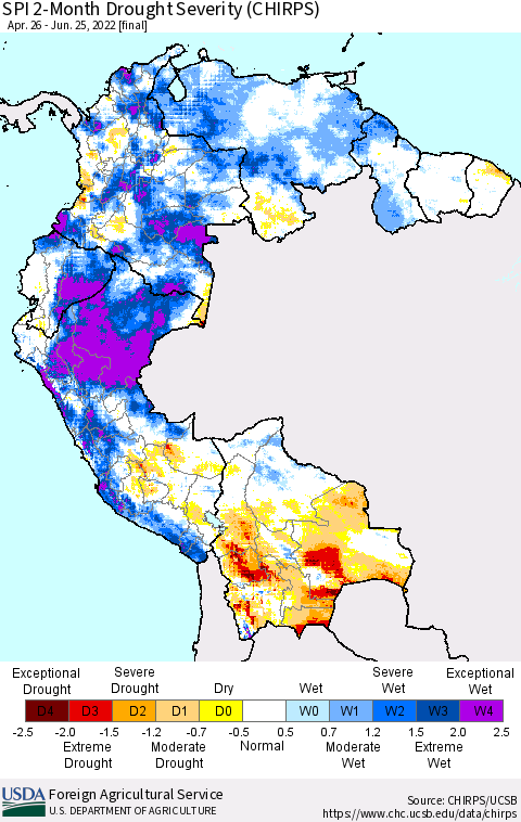 Northern South America SPI 2-Month Drought Severity (CHIRPS) Thematic Map For 4/26/2022 - 6/25/2022