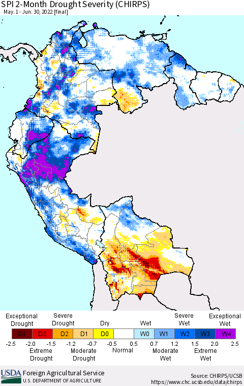 Northern South America SPI 2-Month Drought Severity (CHIRPS) Thematic Map For 5/1/2022 - 6/30/2022