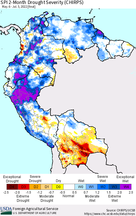 Northern South America SPI 2-Month Drought Severity (CHIRPS) Thematic Map For 5/6/2022 - 7/5/2022
