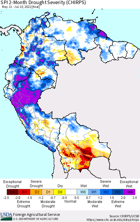 Northern South America SPI 2-Month Drought Severity (CHIRPS) Thematic Map For 5/11/2022 - 7/10/2022