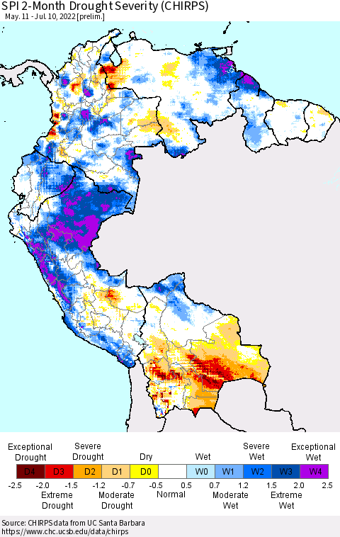 Northern South America SPI 2-Month Drought Severity (CHIRPS) Thematic Map For 5/11/2022 - 7/10/2022