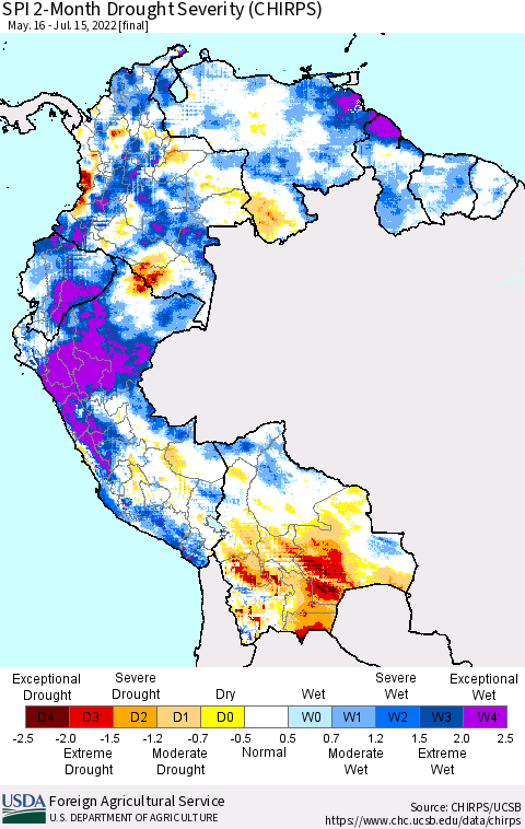 Northern South America SPI 2-Month Drought Severity (CHIRPS) Thematic Map For 5/16/2022 - 7/15/2022