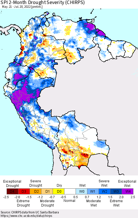 Northern South America SPI 2-Month Drought Severity (CHIRPS) Thematic Map For 5/21/2022 - 7/20/2022