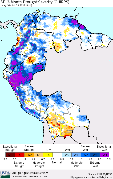 Northern South America SPI 2-Month Drought Severity (CHIRPS) Thematic Map For 5/26/2022 - 7/25/2022
