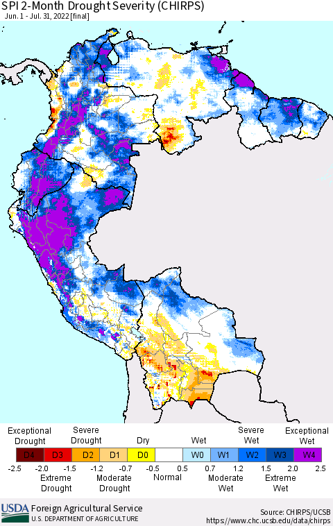Northern South America SPI 2-Month Drought Severity (CHIRPS) Thematic Map For 6/1/2022 - 7/31/2022