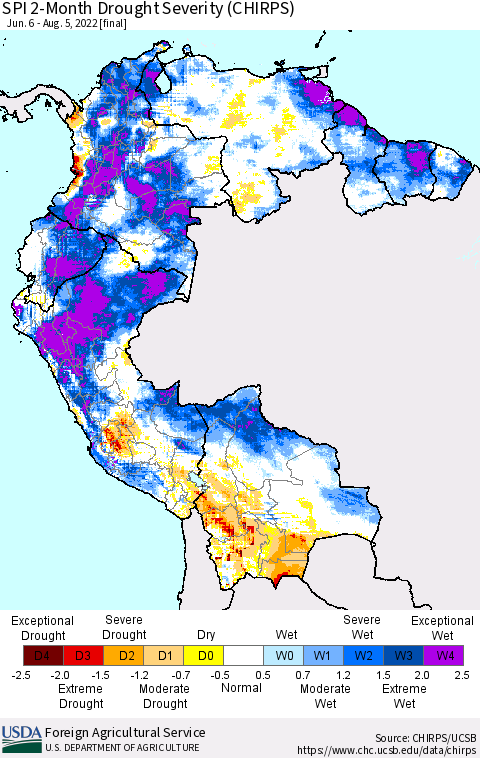 Northern South America SPI 2-Month Drought Severity (CHIRPS) Thematic Map For 6/6/2022 - 8/5/2022