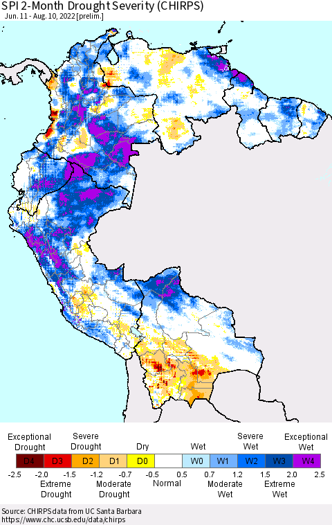 Northern South America SPI 2-Month Drought Severity (CHIRPS) Thematic Map For 6/11/2022 - 8/10/2022