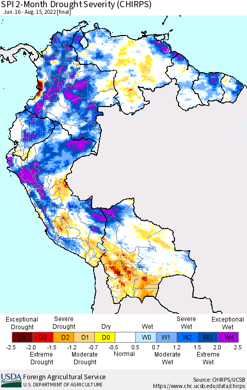 Northern South America SPI 2-Month Drought Severity (CHIRPS) Thematic Map For 6/16/2022 - 8/15/2022