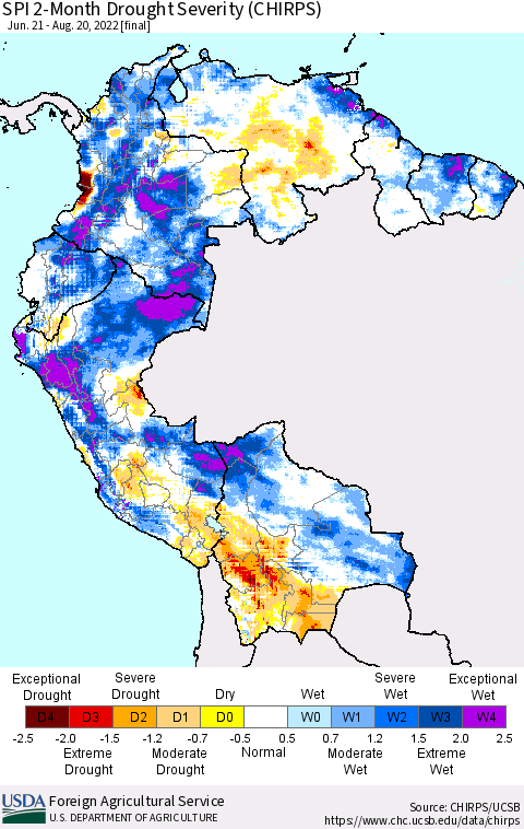 Northern South America SPI 2-Month Drought Severity (CHIRPS) Thematic Map For 6/21/2022 - 8/20/2022