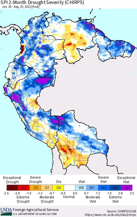 Northern South America SPI 2-Month Drought Severity (CHIRPS) Thematic Map For 6/26/2022 - 8/25/2022