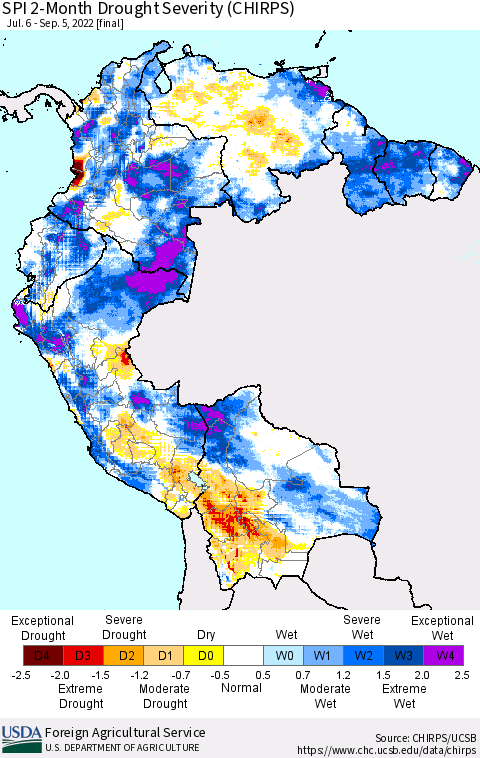 Northern South America SPI 2-Month Drought Severity (CHIRPS) Thematic Map For 7/6/2022 - 9/5/2022