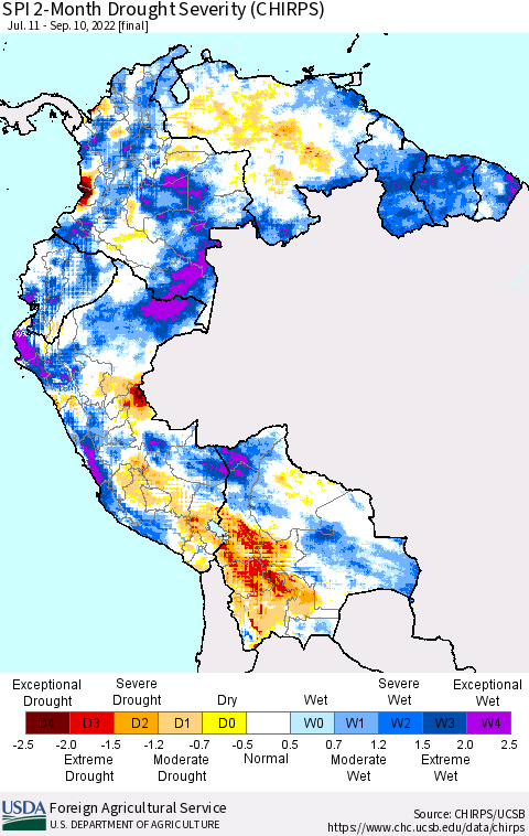 Northern South America SPI 2-Month Drought Severity (CHIRPS) Thematic Map For 7/11/2022 - 9/10/2022