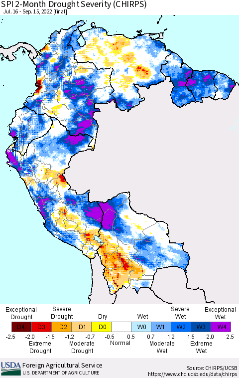 Northern South America SPI 2-Month Drought Severity (CHIRPS) Thematic Map For 7/16/2022 - 9/15/2022