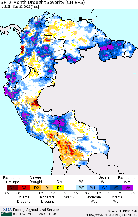 Northern South America SPI 2-Month Drought Severity (CHIRPS) Thematic Map For 7/21/2022 - 9/20/2022