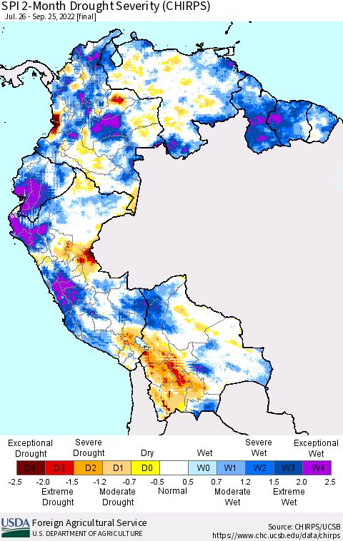 Northern South America SPI 2-Month Drought Severity (CHIRPS) Thematic Map For 7/26/2022 - 9/25/2022