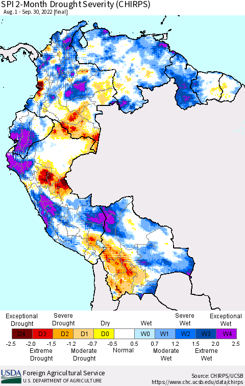Northern South America SPI 2-Month Drought Severity (CHIRPS) Thematic Map For 8/1/2022 - 9/30/2022