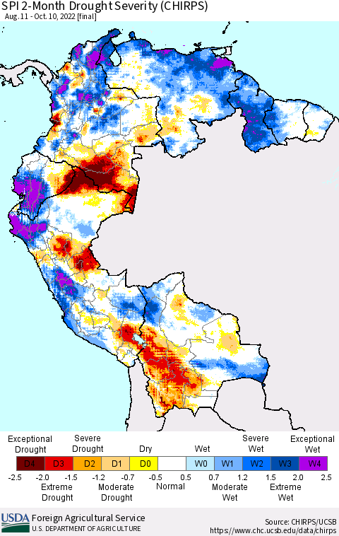 Northern South America SPI 2-Month Drought Severity (CHIRPS) Thematic Map For 8/11/2022 - 10/10/2022