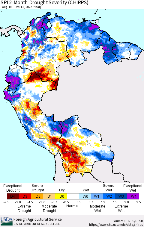 Northern South America SPI 2-Month Drought Severity (CHIRPS) Thematic Map For 8/16/2022 - 10/15/2022