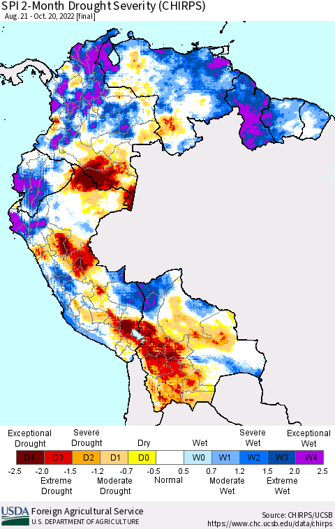 Northern South America SPI 2-Month Drought Severity (CHIRPS) Thematic Map For 8/21/2022 - 10/20/2022