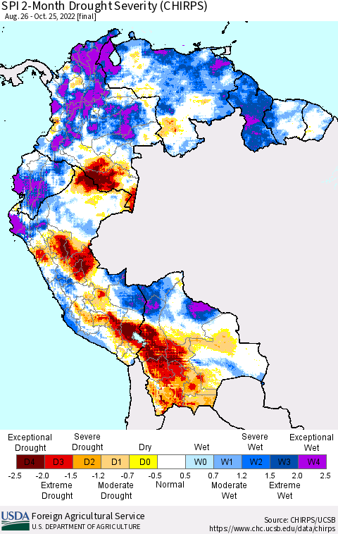 Northern South America SPI 2-Month Drought Severity (CHIRPS) Thematic Map For 8/26/2022 - 10/25/2022