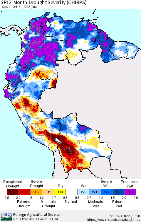Northern South America SPI 2-Month Drought Severity (CHIRPS) Thematic Map For 9/1/2022 - 10/31/2022