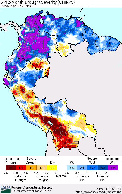 Northern South America SPI 2-Month Drought Severity (CHIRPS) Thematic Map For 9/6/2022 - 11/5/2022