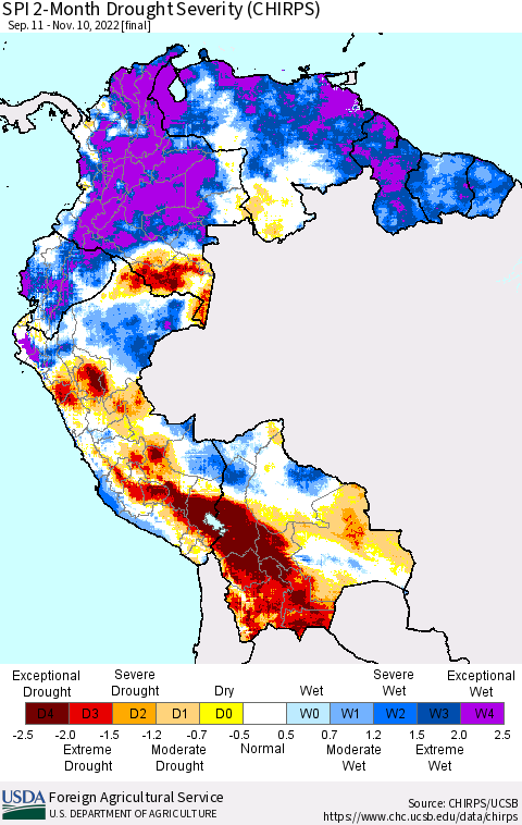 Northern South America SPI 2-Month Drought Severity (CHIRPS) Thematic Map For 9/11/2022 - 11/10/2022