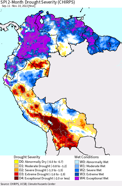 Northern South America SPI 2-Month Drought Severity (CHIRPS) Thematic Map For 9/11/2022 - 11/10/2022