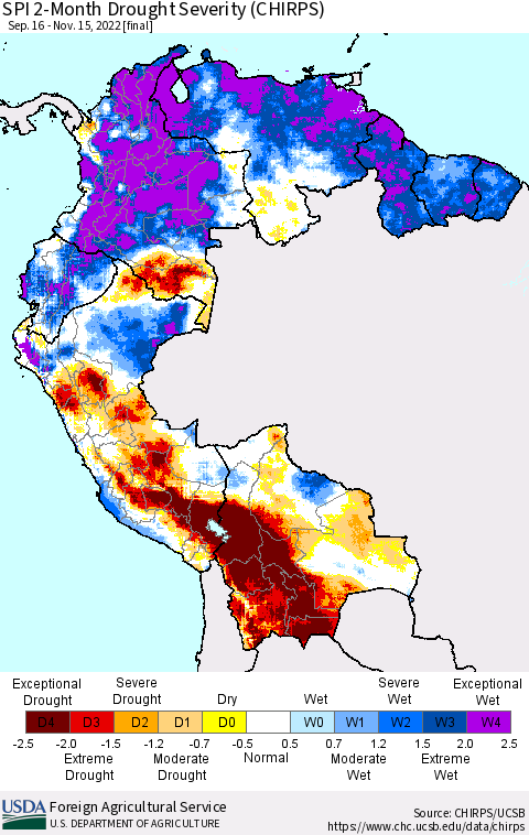 Northern South America SPI 2-Month Drought Severity (CHIRPS) Thematic Map For 9/16/2022 - 11/15/2022