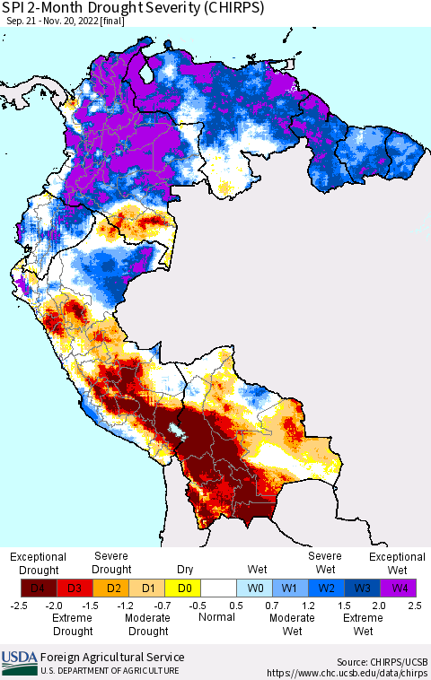 Northern South America SPI 2-Month Drought Severity (CHIRPS) Thematic Map For 9/21/2022 - 11/20/2022