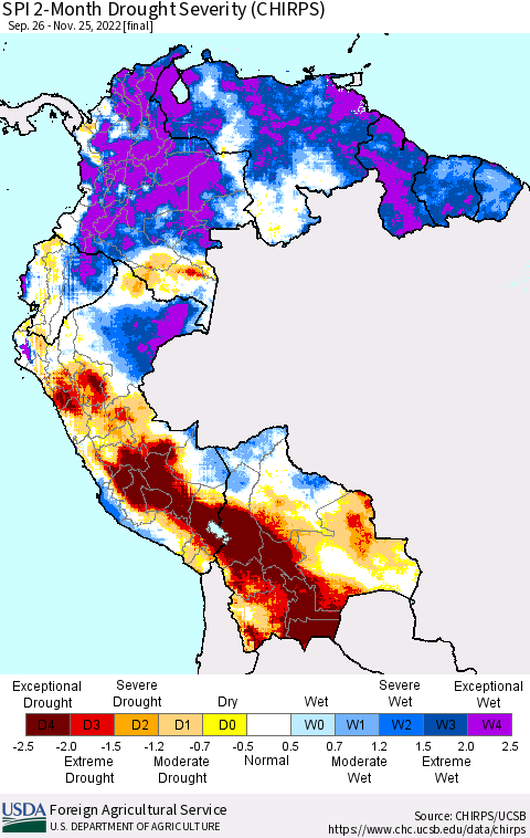 Northern South America SPI 2-Month Drought Severity (CHIRPS) Thematic Map For 9/26/2022 - 11/25/2022