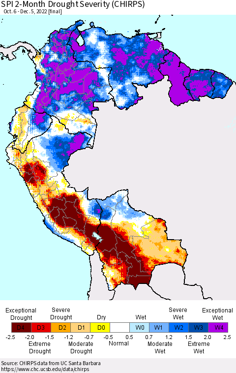 Northern South America SPI 2-Month Drought Severity (CHIRPS) Thematic Map For 10/6/2022 - 12/5/2022