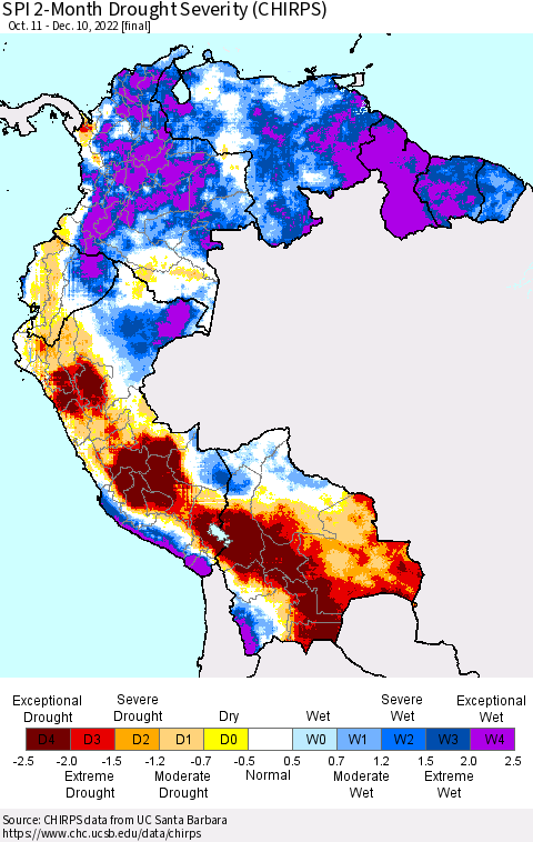 Northern South America SPI 2-Month Drought Severity (CHIRPS) Thematic Map For 10/11/2022 - 12/10/2022
