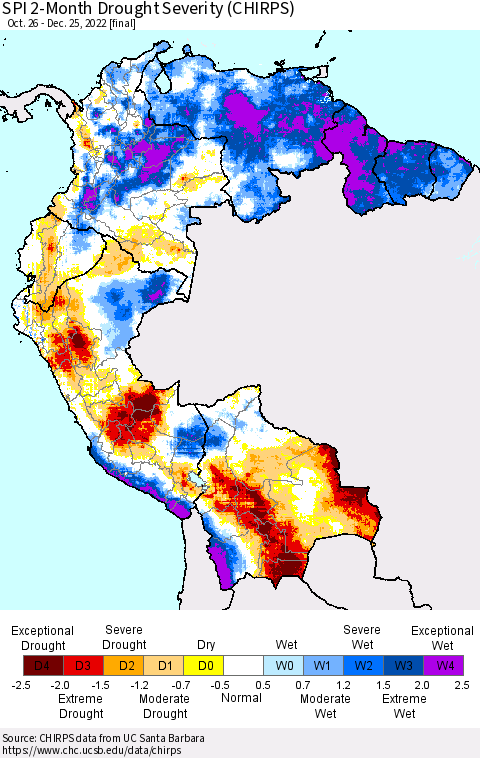 Northern South America SPI 2-Month Drought Severity (CHIRPS) Thematic Map For 10/26/2022 - 12/25/2022